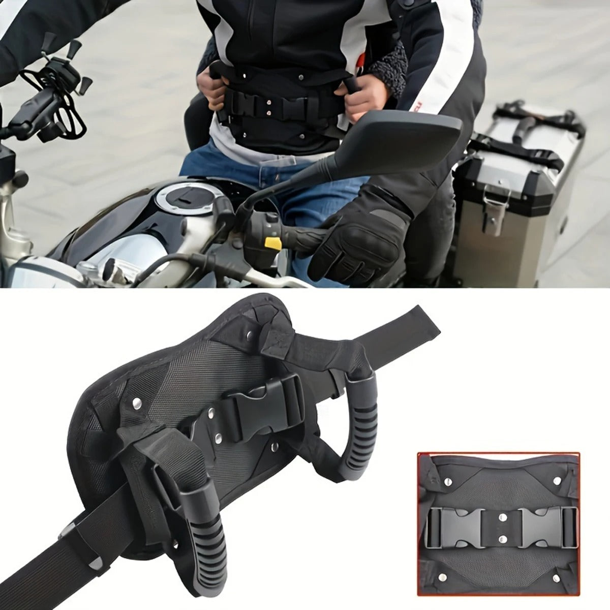 Passenger holding the grip belt worn by the rider